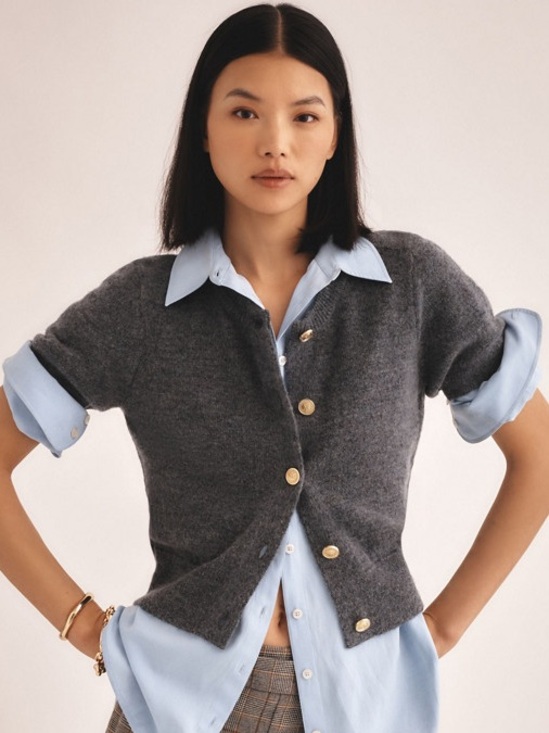Maeve Sweaters - Maeve for Anthropologie Short Sleeve Gold Button Grey Cardigan size large